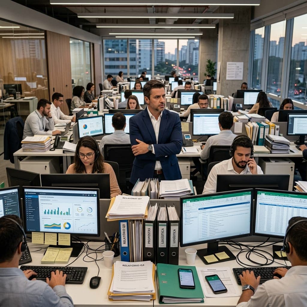 Gestor observando equipe sobrecarregada em uma central de atendimento ao entardecer