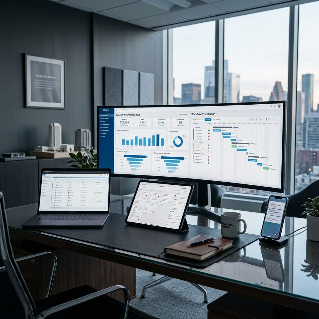 Mesa executiva com laptop, tablet e celular mostrando dashboards de performance e fluxos de trabalho